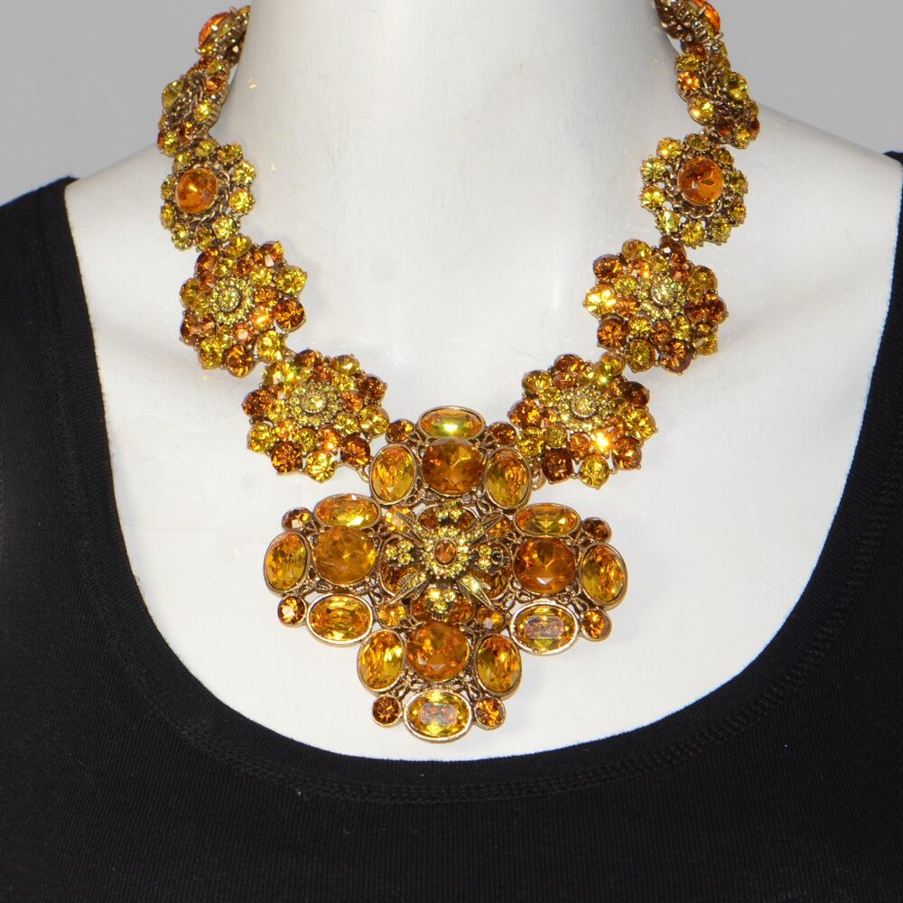 Vintage Oscar De La Renta Large Flower Crystal Statement Necklace